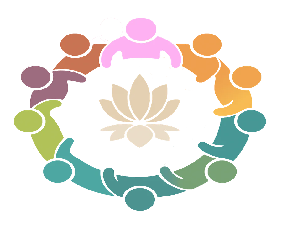 Des personnes en cercle se tenant par la main autour d’une fleur de lotus