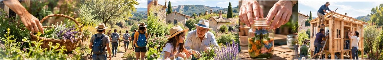 Quatre scènes de Provence : une cueillette de lavande, une randonnée dans les collines, un bocal de légumes lactofermentés, une cabane en bois construite ensemble