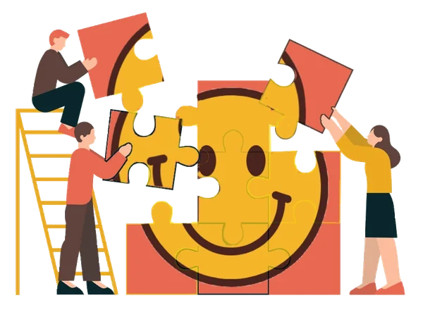 Des personnes assemblent ensemble les pièces d’un grand puzzle souriant